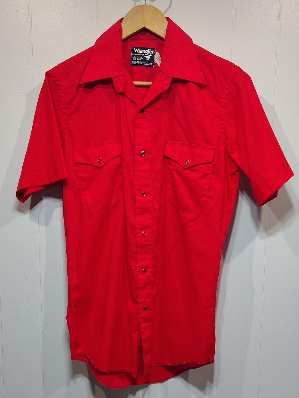 Wrangler Cowboy Cut Pearl Snap Shirt Red Short Sleeve Mens 15 Med